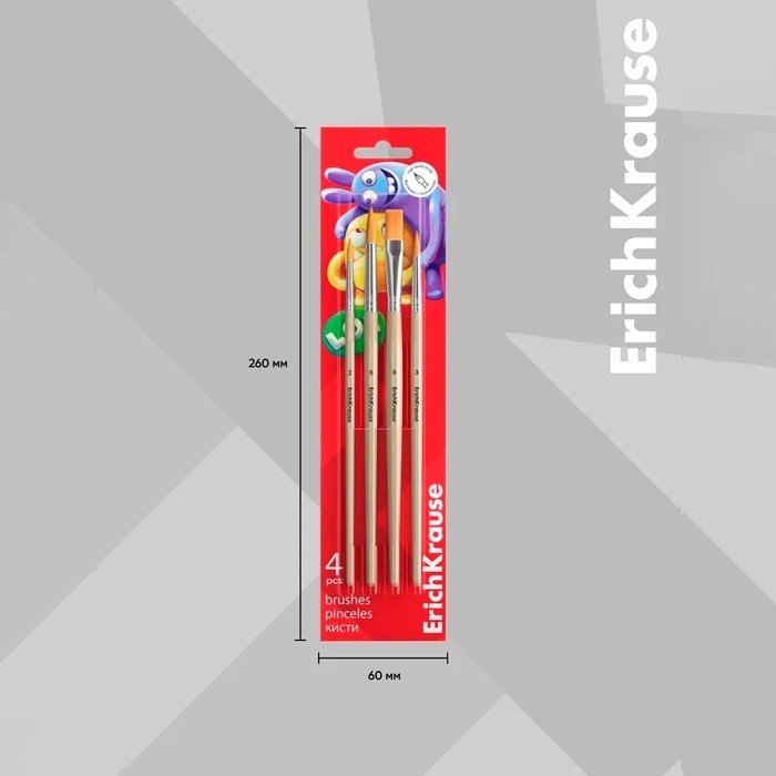Набор кистей синтетика 4 штуки, ErichKrause "JollyFriends" для акварели и гуаши, в блистере