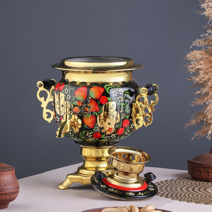 Набор &laquo;Хохлома&raquo;, овал, 3 предмета, самовар 3 л, заварочный чайник 0,7 л, поднос