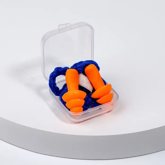 Беруши на шнурке, 3&times;1.7 см, в футляре, фасовка 10 пар, силиконовые, оранжевые