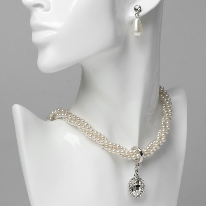 Набор 2 предмета: серьги, колье «Леди» кручение, капли, цвет белый в серебре, 45 см Набор 2 предмета: серьги, колье «Леди» кручение, капли, цвет белый в серебре, 45 см