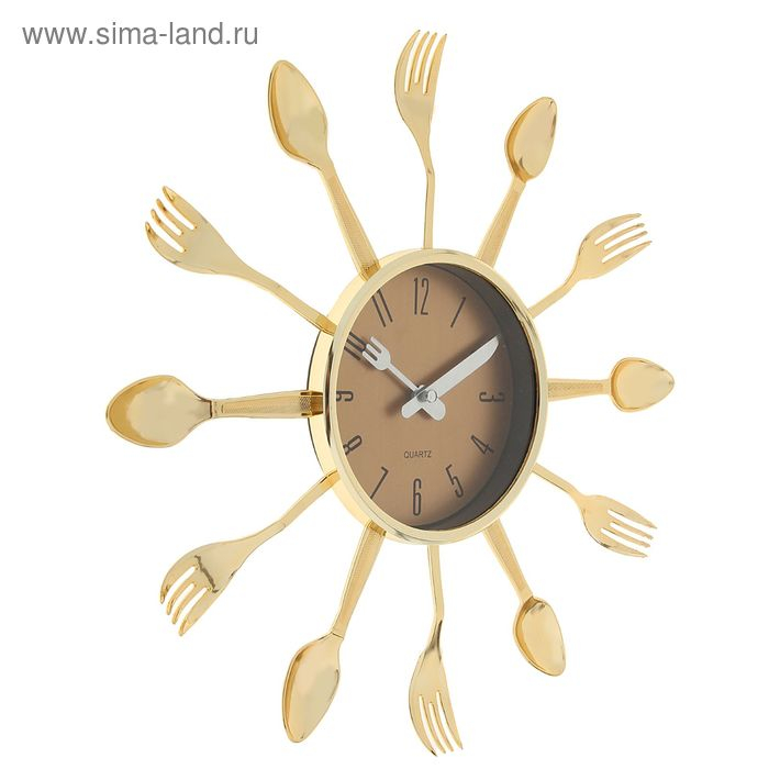 Часы настенные интерьерные, для кухни, &laquo;Вилки, ложки&raquo;, плавный ход, d=12 см, 33&times;33 см, золотистые