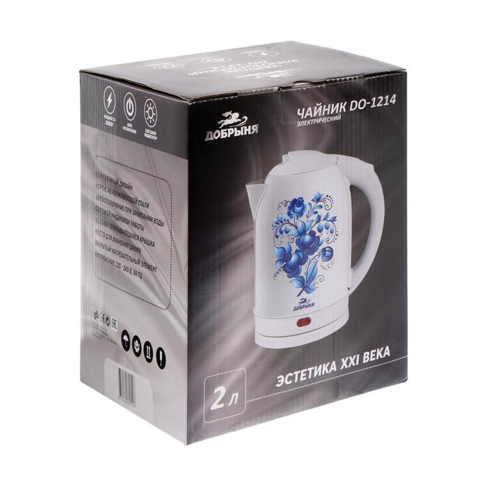 Чайник электрический Чайник электрический "Добрыня" DO-1214, металл, 2 л, 2000 Вт, белый с синими цветами