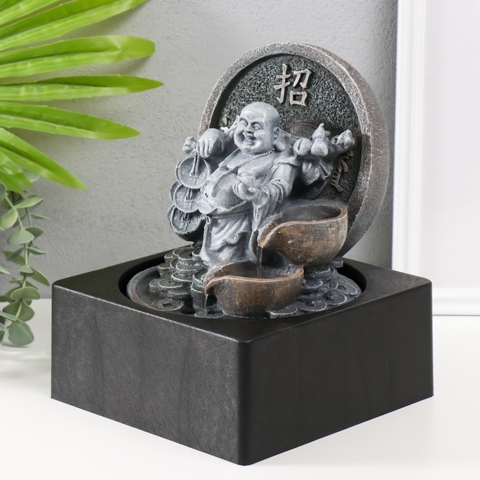 Фонтан настольный от сети, подсветка Фонтан настольный от сети, подсветка "Серый хотей со связками монет" 18х18х24 см