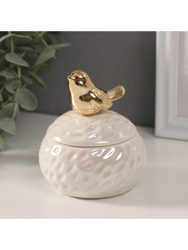 Шкатулка керамика "Золотая птичка на гнезде" белый перламутр 8,5х8,5х10 см