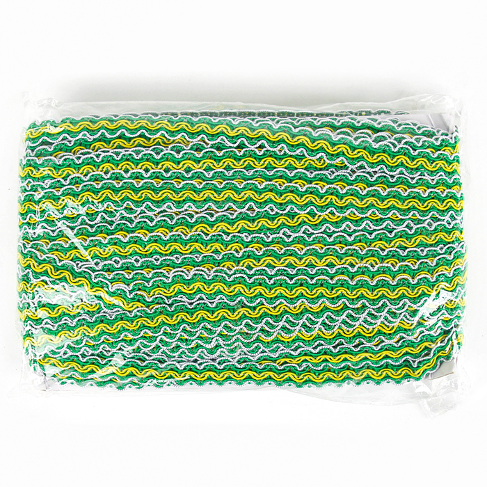 Тесьма бело-зелёно-желтая, ширина 1,2 см, в упаковке 50 м
