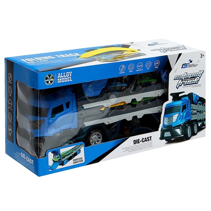 Парковка 2 в 1 Truck, 6 машинок, трансформируется в автотрек, звук, цвет синий