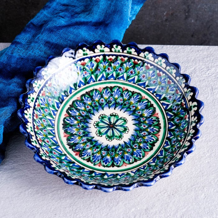 Тарелка Риштанская Керамика "Узоры", синяя, глубокая, микс, 20 см