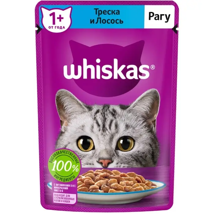 Влажный корм Whiskas для кошек, треска/лосось рагу, 75 г