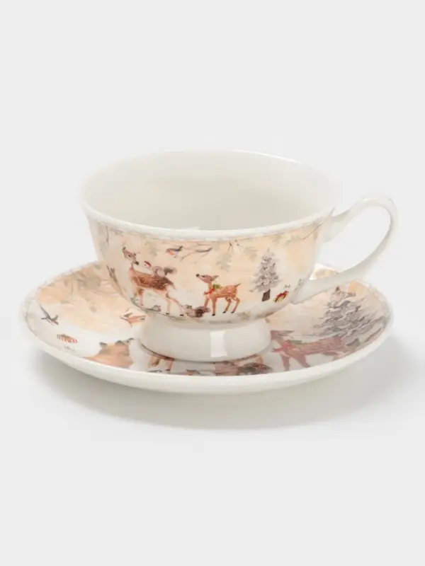 Чайная пара новогодняя &laquo;Лесное чудо&raquo;, 2 предмета: чашка 180 мл, блюдце d=15 см, керамика, подарочная упаковка, бежевая