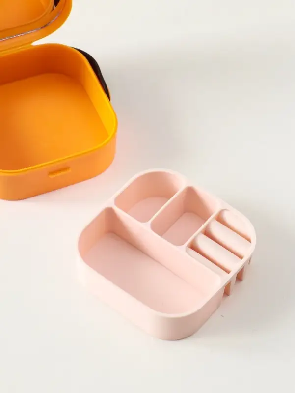 Шкатулка пластик для украшений с зеркалом, с ручкой 3 ячейки, 3 полосы, оранж 9х9х3,8 см