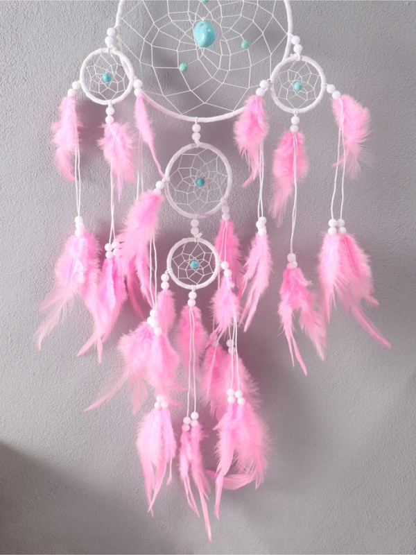 Ловец снов "Оберег с камнем Бирюза" бело-розовый 35х66 см