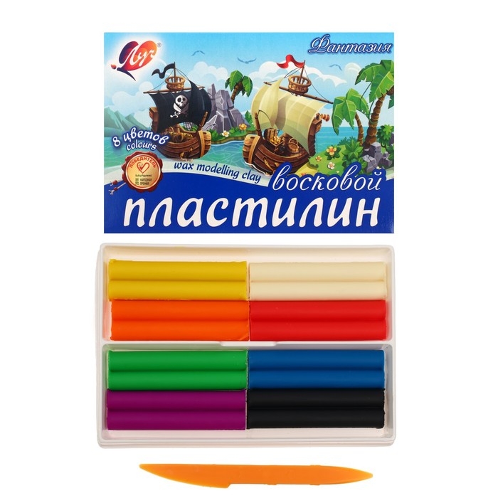 Пластилин мягкий (восковой), 8 цветов, 140 г, Пластилин мягкий (восковой), 8 цветов, 140 г, "Фантазия", со стеком, МИКС