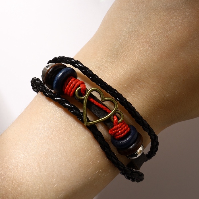 Браслет кожа &laquo;Стиль&raquo; сердце, цвет чёрно-красный, d=7 см