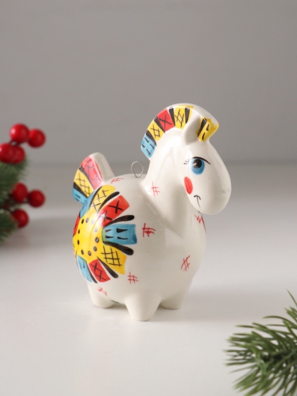 Ёлочный фарфоровый шар "Лошадь Солнце Лоскутное" /авторская роспись/,  11 см