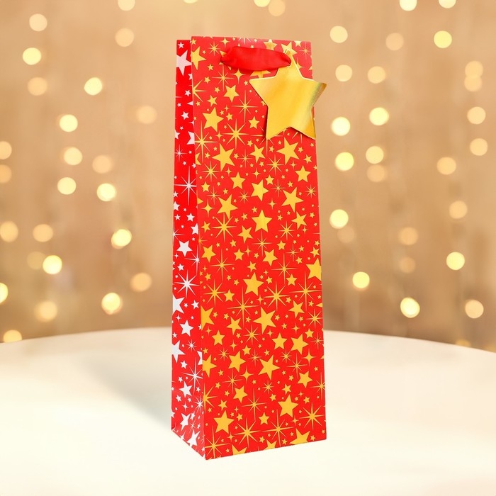 Новый год. Пакет подарочный новогодний под бутылку, упаковка "Звездочки", 12 х 36 х 8,5 см.