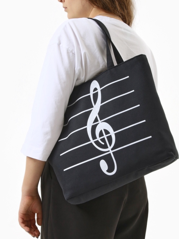 Шопер Музыка, 42*9*32, отдел на молнии, подклад, черный/белый Шопер Музыка, 42*9*32, отдел на молнии, подклад, черный/белый