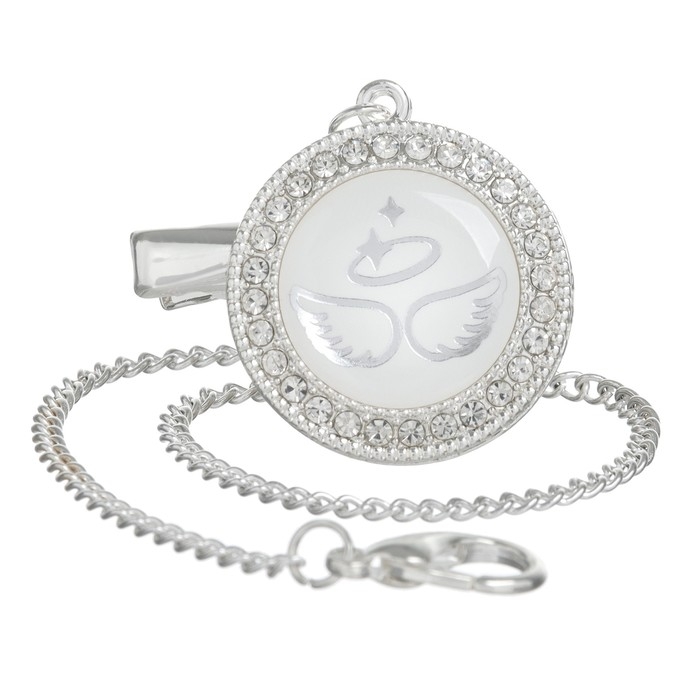 Соска - пустышка силиконовая ортодонтическая &laquo;LITTLE ANGEL&raquo;, от 6 мес., с колпачком + держатель - цепочка, цвет серебренный, стразы