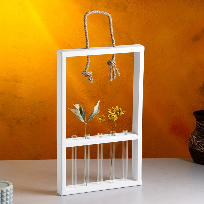 Кашпо деревянное 26×5×40 см с 5 колбами 15 см Кашпо деревянное 26×5×40 см с 5 колбами 15 см "Рамка Экстра Слим", белый Дарим Красиво