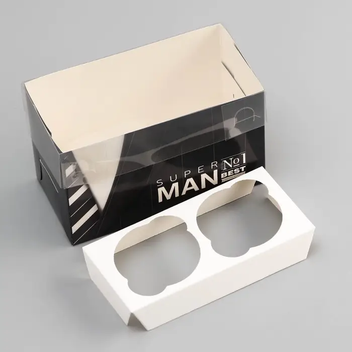 Коробка для 2 капкейка с прозрачной крышкой, &laquo;Мужская&raquo;, 16&times;8&times;10 см