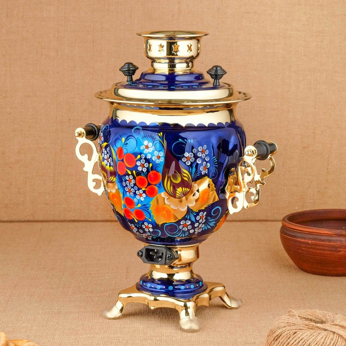 Набор &laquo;Птица на синем&raquo;, жёлудь, 3 предмета, самовар 3 л, заварочный чайник 0,7 л, поднос