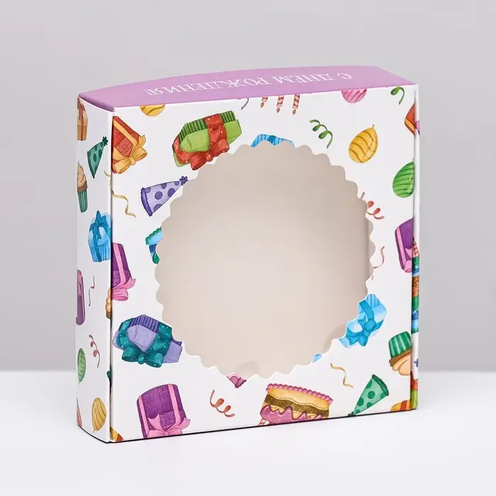 Коробка сборная с окном, &laquo;С Днем Рождения&raquo;, 11.5&times;11.5&times;3 см