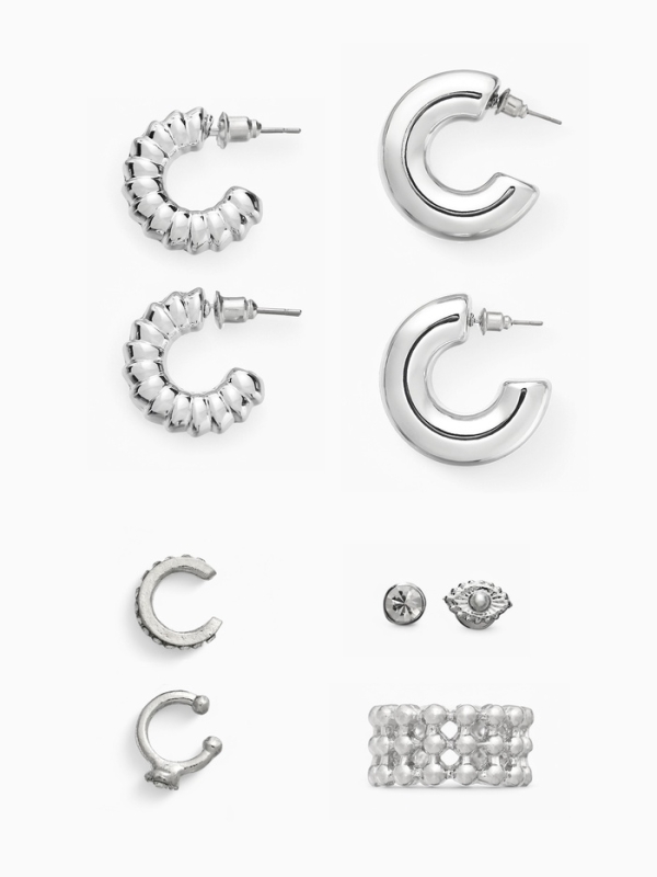 Серьги и каффы &laquo;Бублик&raquo;, набор 9 шт. цвет серебро