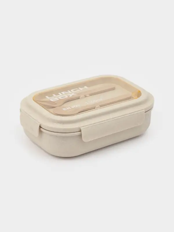 Ланч-бокс , 3 отделения, вилка и ложка, размер 22х16х6,5 см, цвет бежевый