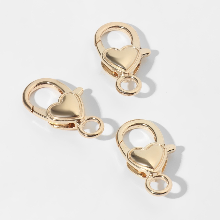 Замок-карабин &laquo;Сердечко&raquo; гладкое, (набор 3 шт.), 14&times;26 мм, цвет золото