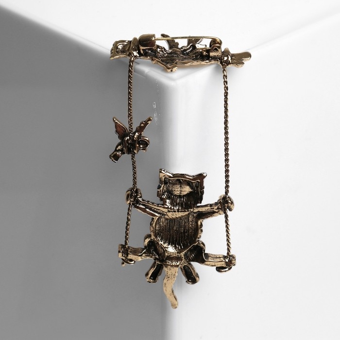 Брошь &laquo;Кот на качелях&raquo;, цвет чернёное золото