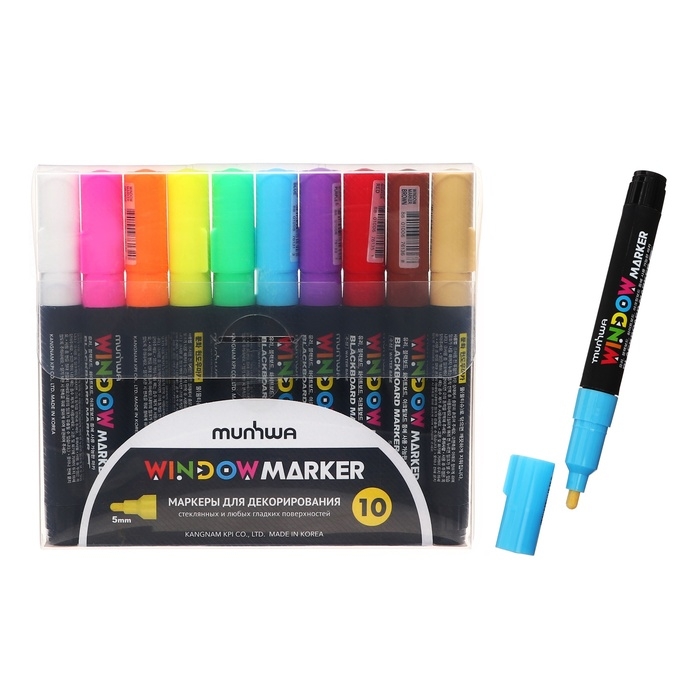 Набор меловых маркеров 10 цветов MunHwa Набор меловых маркеров 10 цветов MunHwa "Window", яркие цвета, для любых поверхностей