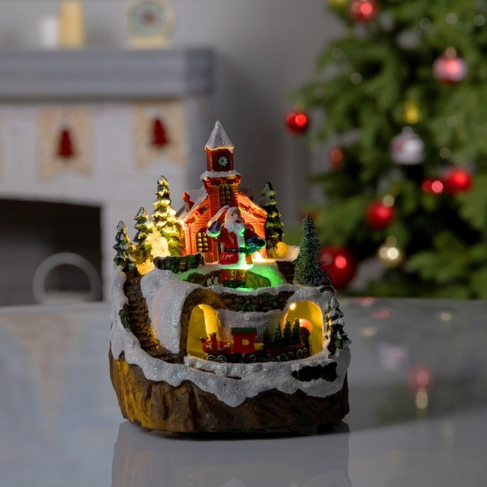 Светодиодная фигура &laquo;Поезд и Дед Мороз&raquo; 16 &times; 10 &times; 12 см, полистоун, батарейки АААх2 (не в комплекте), USB, свечение тёплое белое