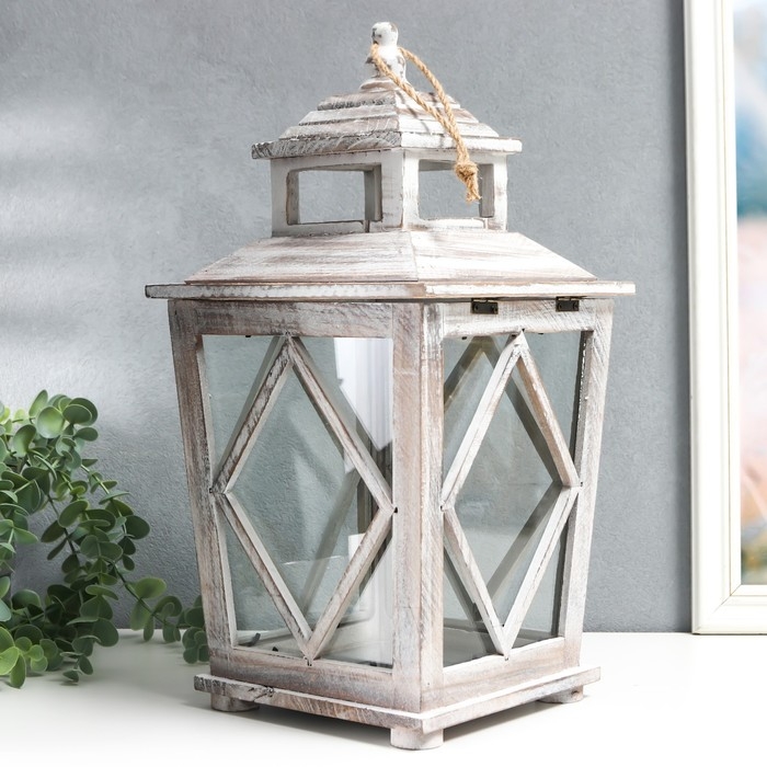 Подсвечник дерево на 1 свечу "Ромб на фонарике" коричневый состаренный 40х20х17 см