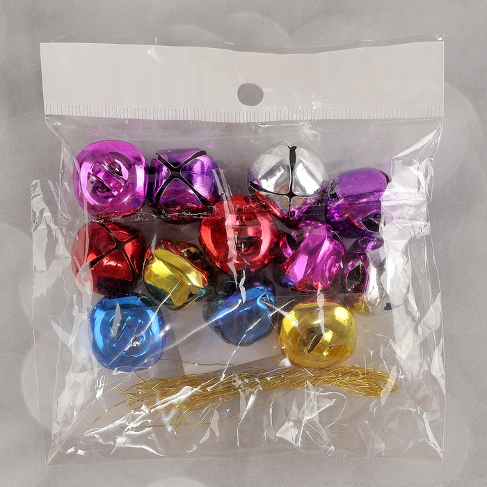 Бубенчики, набор 12 шт., размер 1 шт. &mdash; 2,5 &times; 2,5 см, цвет красный, жёлтый, розовый, синий, серебряный