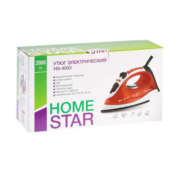 Утюг HOMESTAR HS-4003, 2000 Вт, керамическая подошва, 200 мл, бело-красный Утюг HOMESTAR HS-4003, 2000 Вт, керамическая подошва, 200 мл, бело-красный