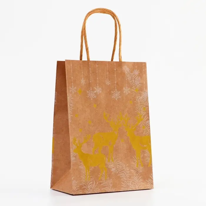 Пакет крафт с золотым тиснением, круглая ручка, &laquo;Новый год&raquo; 15&times;21&times;8 см, 120 г