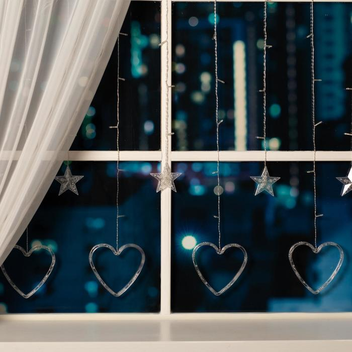 Гирлянда &laquo;Бахрома&raquo; 2.4 &times; 0.9 м с насадками &laquo;Сердце&raquo;, IP20, прозрачная нить, 186 LED, свечение белое, 8 режимов, 220 В