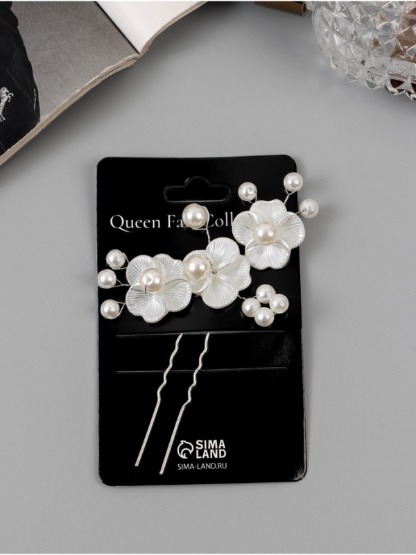 Шпилька для волос Шпилька для волос "Эмилия" резные цветы шарики, 9х6 см, белый