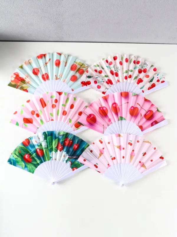 Веер пластик, текстиль "Вишня и цветки" МИКС 23 см