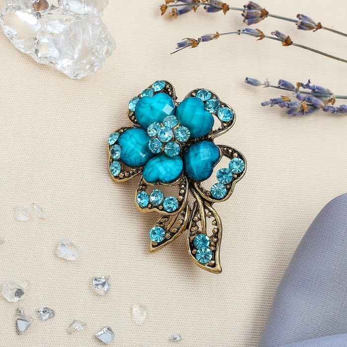 Брошь &laquo;Цветок желаний&raquo;, цвет морской в чернёном золоте