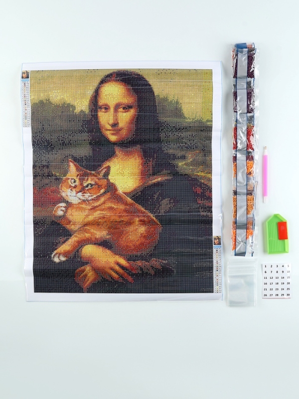 Алмазная мозаика с полным заполнением на холсте &laquo;Мона Лиза с котом&raquo;, 40 х 50 см