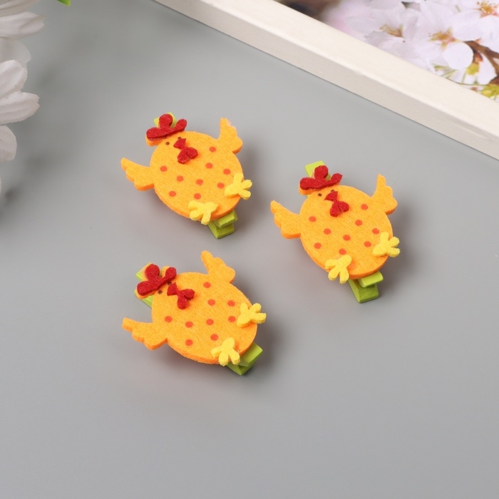 Декор для творчества дерево, фетр "Прищепка. Петушок-яйцо" набор 3 шт 1,8х4х4,8 см