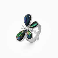 Кольцо безразмерное &laquo;Стрекоза&raquo;, галиотис, зелёное в серебре
