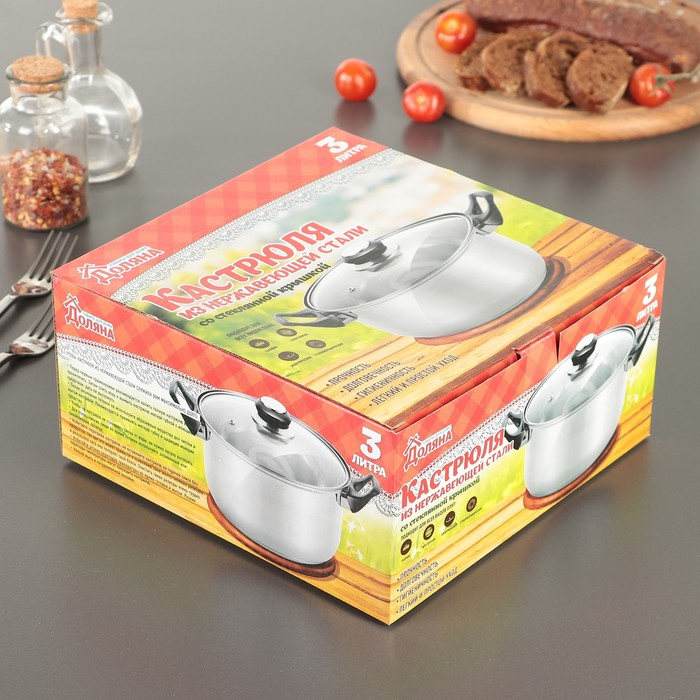 Кастрюля из нержавеющей стали с крышкой Доляна &laquo;Роскошь&raquo;, 3 л, d=20 см