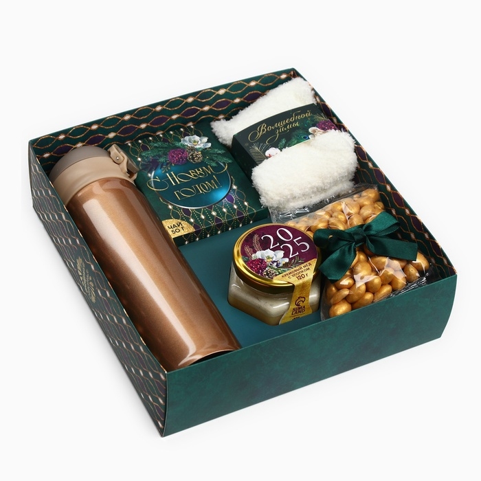 Подарочный набор &laquo;Веселья в новом году&raquo;: чай со вкусом тропические фрукты 50 г., крем-мед с черникой 120 г., носки р-р: 36&ndash;39, термос 500 мл.