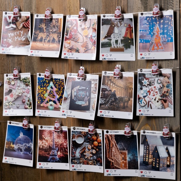 Гирлянда &laquo;Нить&raquo; 2 м роса с насадками &laquo;Прищепки с Дедом Морозом&raquo;, IP20, серебристая нить, 20 LED, батарейки ААх2 (нет в комплекте), свечение тёплое белое