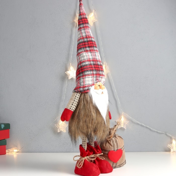 Кукла интерьерная "Дед Мороз с мешком подарков, в мохнатой шубе" 56х24х14 см