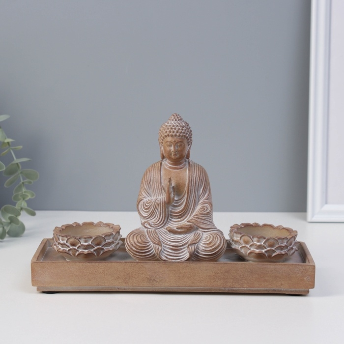 Сувенир полистоун подсвечник на 2 свечи Сувенир полистоун подсвечник на 2 свечи "Будда - медитация" под серебро 8,7х24,3х15 см