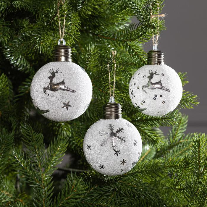 Набор ёлочных шаров «Серебристые узоры» 3 шт., батарейки, 1 LED, свечение белое Набор ёлочных шаров «Серебристые узоры» 3 шт., батарейки, 1 LED, свечение белое