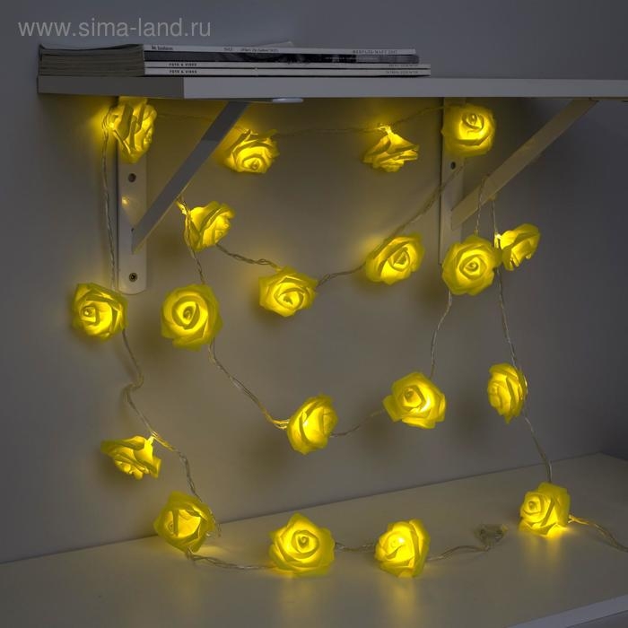 Гирлянда «Нить» 5 м с насадками «Розы жёлтые», IP20, прозрачная нить, 20 LED, свечение тёплое белое, 220 В Гирлянда «Нить» 5 м с насадками «Розы жёлтые», IP20, прозрачная нить, 20 LED, свечение тёплое белое, 220 В