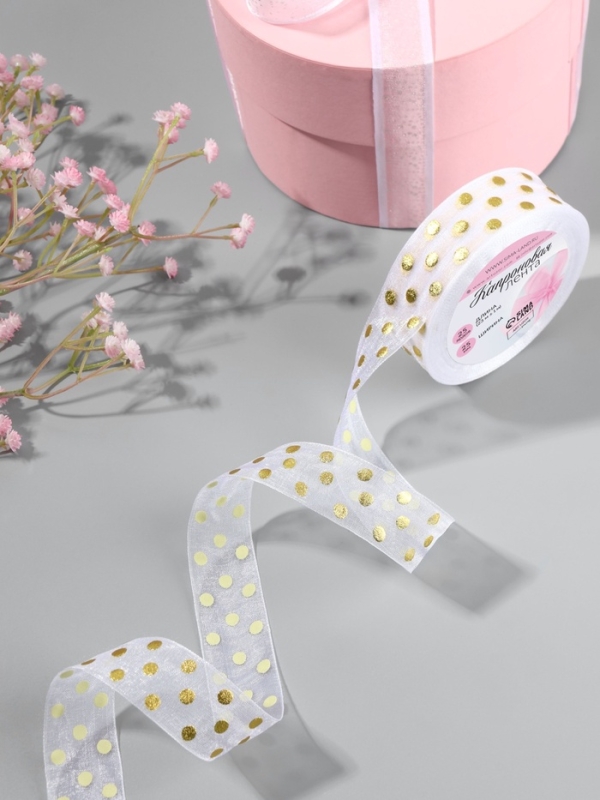 Лента капроновая с тиснением &laquo;Горох&raquo;, 25 мм, 22 &plusmn; 1 м, цвет белый/золотой